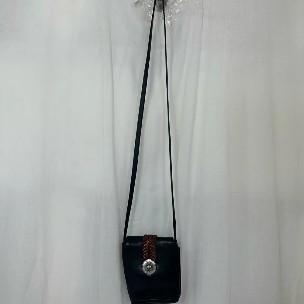 Vintage Brighton Black Brown Leather Flower Adorn Saddle Bucket Crossbody Bag